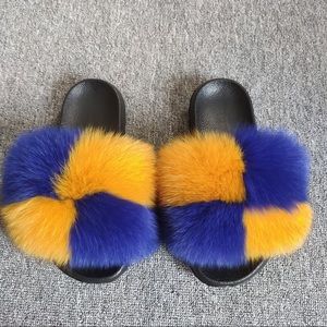 Royal blue and Gold Fox Fur Slides